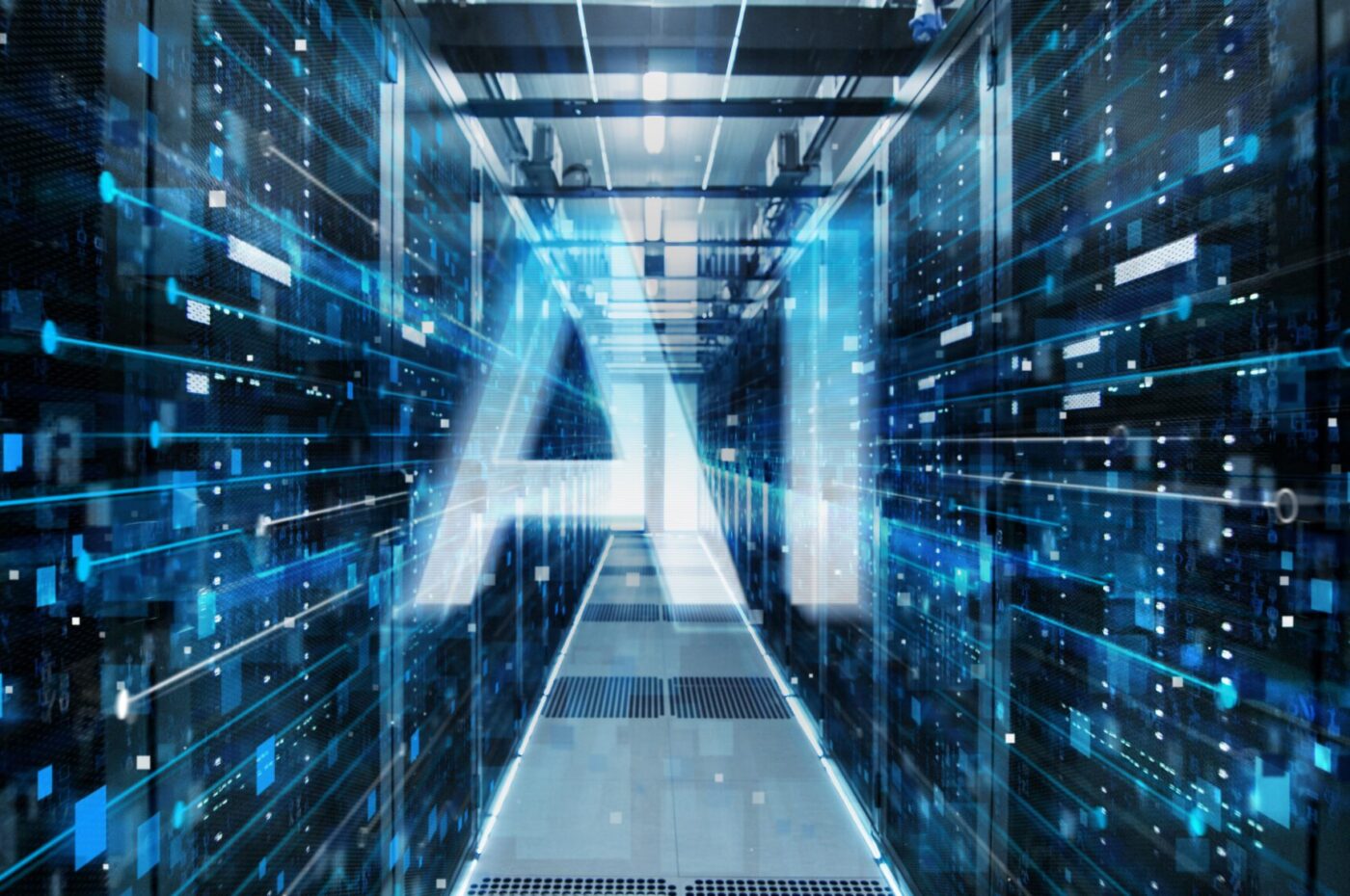 AI concept in a futuristic server room lit with blue hues